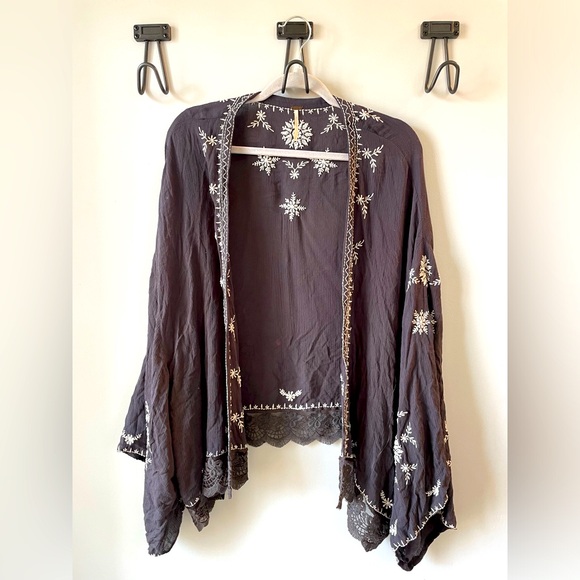 Free People Tops - Free People, size L, embroidered bohemian coverup or cardigan, charcoal & white